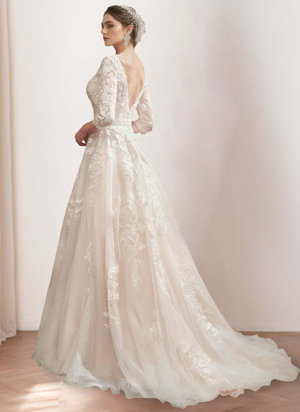 Princess V-Neck A-Line Floor-Length Wedding Dress with 3/4 Sleeves and Lace Embroidery