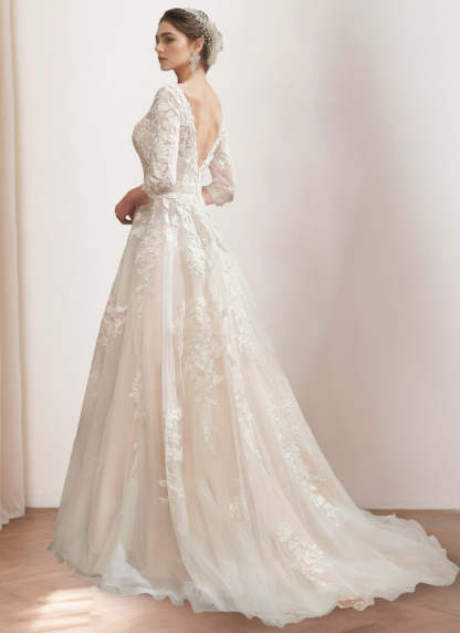 Princess V-Neck A-Line Floor-Length Wedding Dress with 3/4 Sleeves and Lace Embroidery