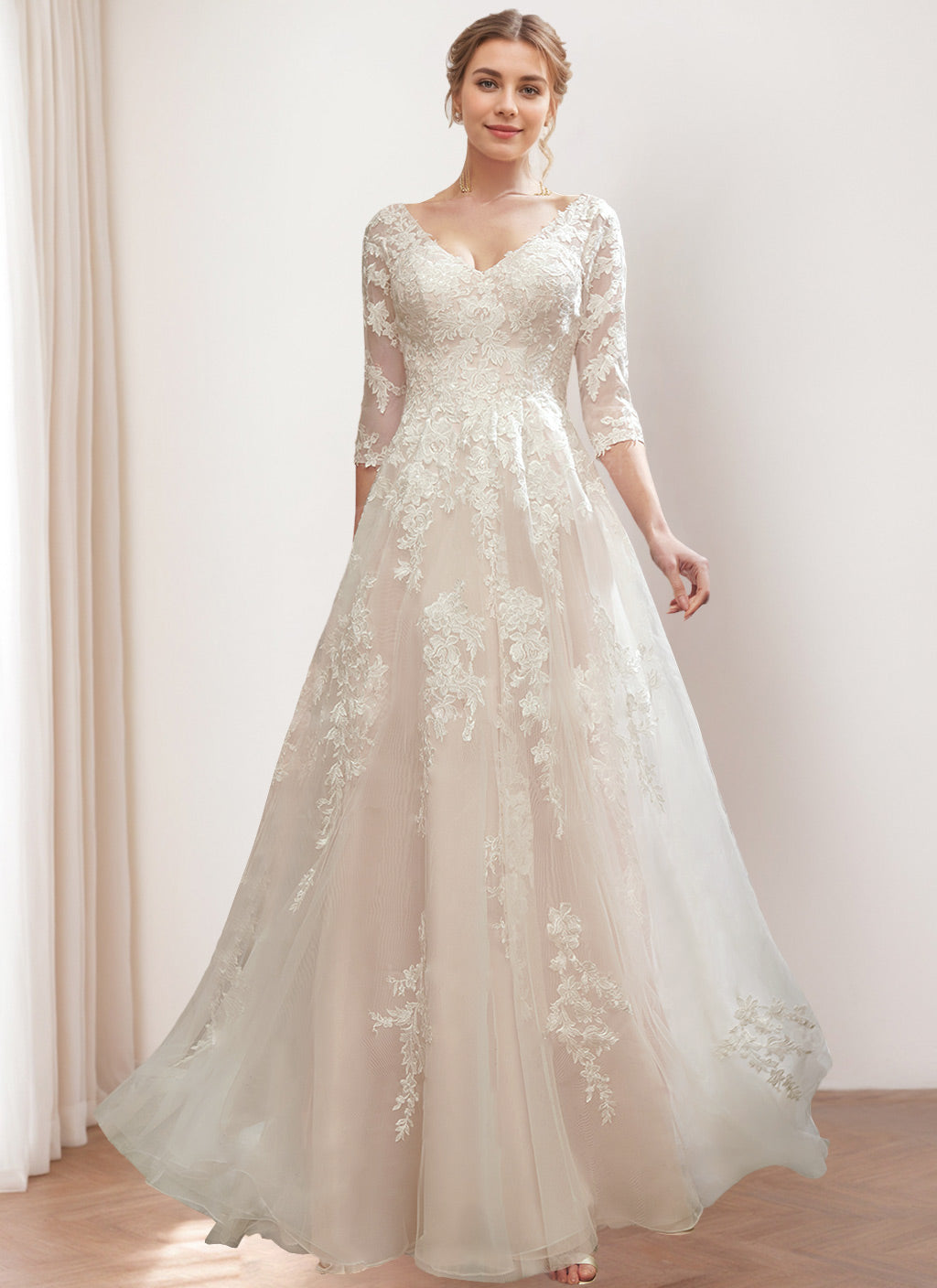 Princess V-Neck A-Line Floor-Length Wedding Dress with 3/4 Sleeves and Lace Embroidery