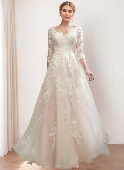 Princess V-Neck A-Line Floor-Length Wedding Dress with 3/4 Sleeves and Lace Embroidery