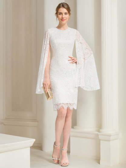 Knee-Length Scoop Neck Wedding Dress with Sheath/Column Silhouette, Appliques & Lace