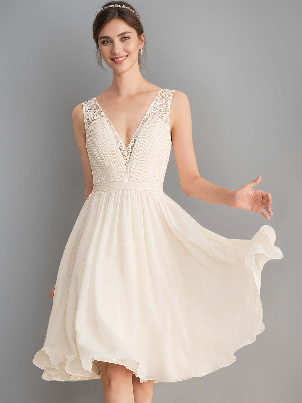 Sleeveless Knee-Length A-Line Wedding Dress with Deep V-Neck and Ruched Details