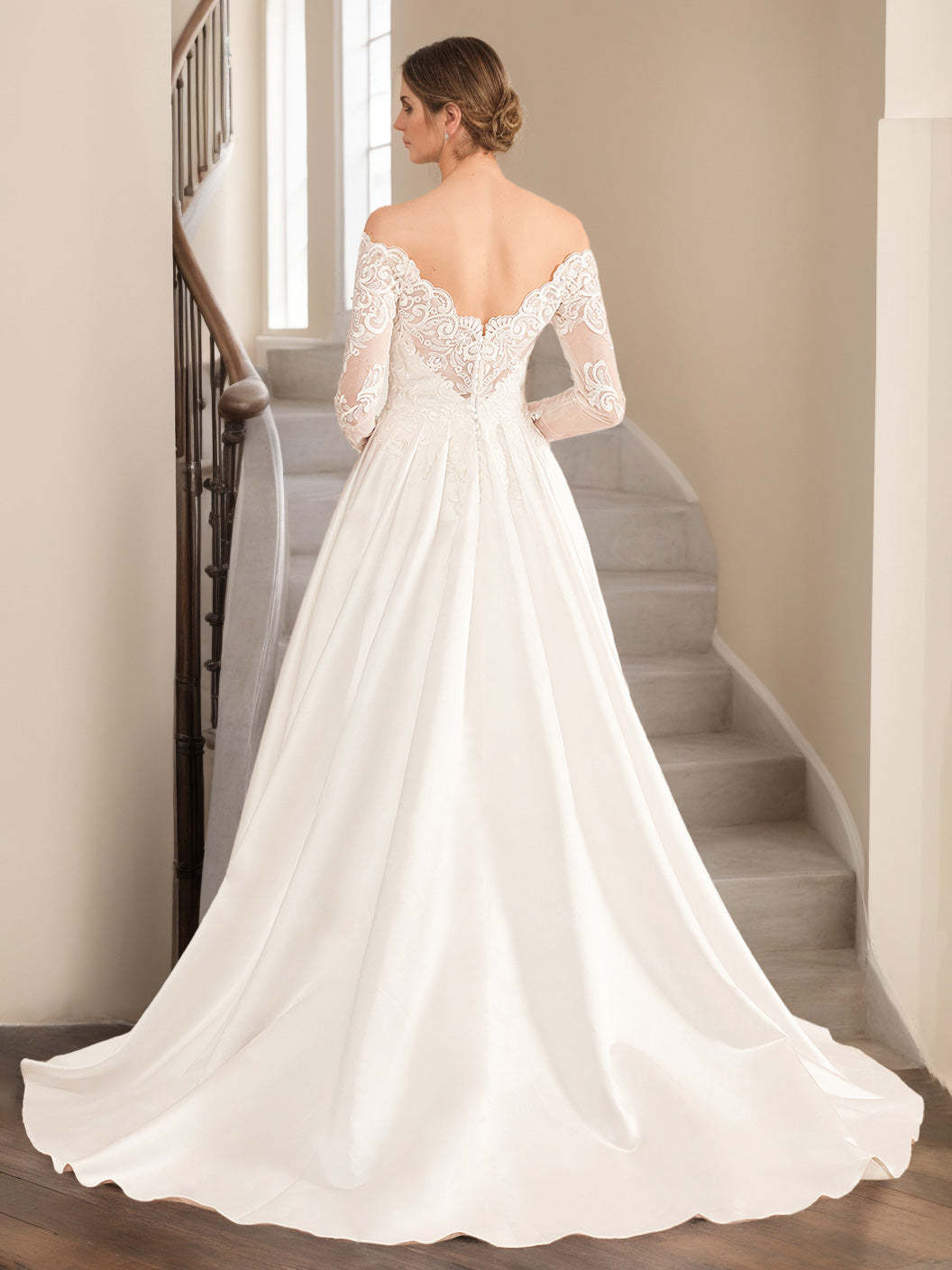 Princess A-Line Floor-Length Lace Wedding Dress with Appliques and Off-the-Shoulder Design
