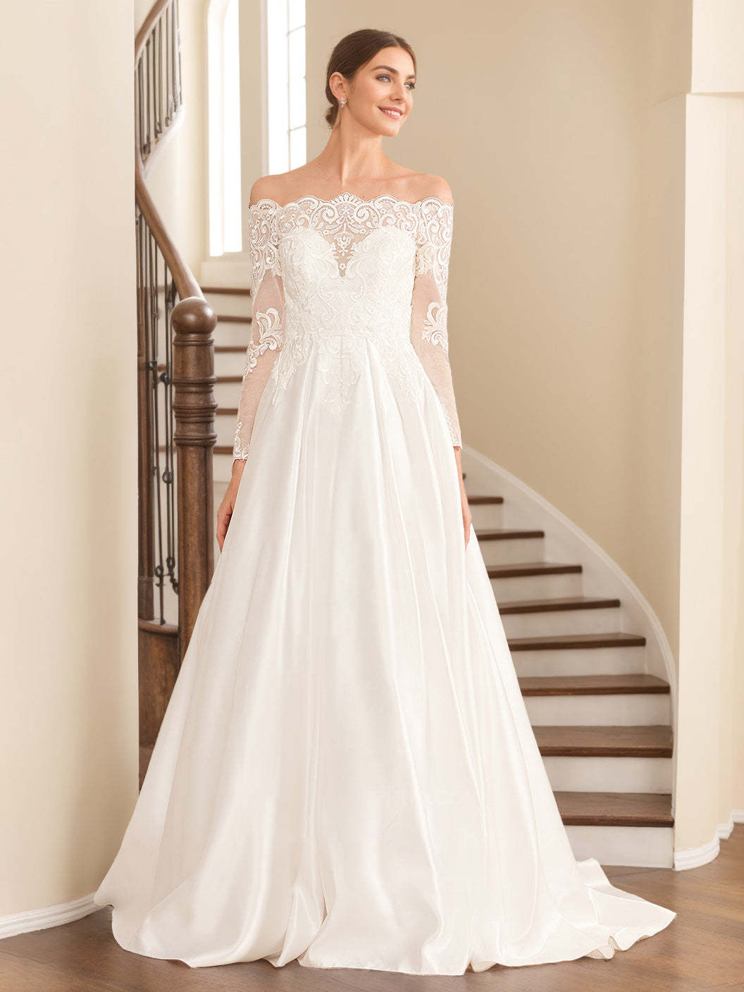 Princess A-Line Floor-Length Lace Wedding Dress with Appliques and Off-the-Shoulder Design
