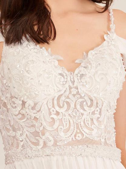 V-Neck Spaghetti Strap Sleeveless A-Line Princess Wedding Dress with Appliques & Sequins