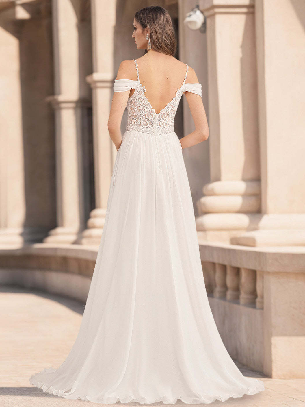 V-Neck Spaghetti Strap Sleeveless A-Line Princess Wedding Dress with Appliques & Sequins