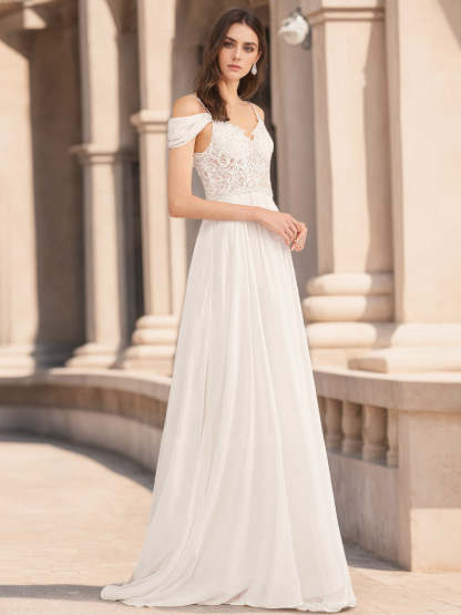 V-Neck Spaghetti Strap Sleeveless A-Line Princess Wedding Dress with Appliques & Sequins