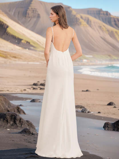 V-Neck Spaghetti Strap A-Line Wedding Dress with Ruffles and Side Split