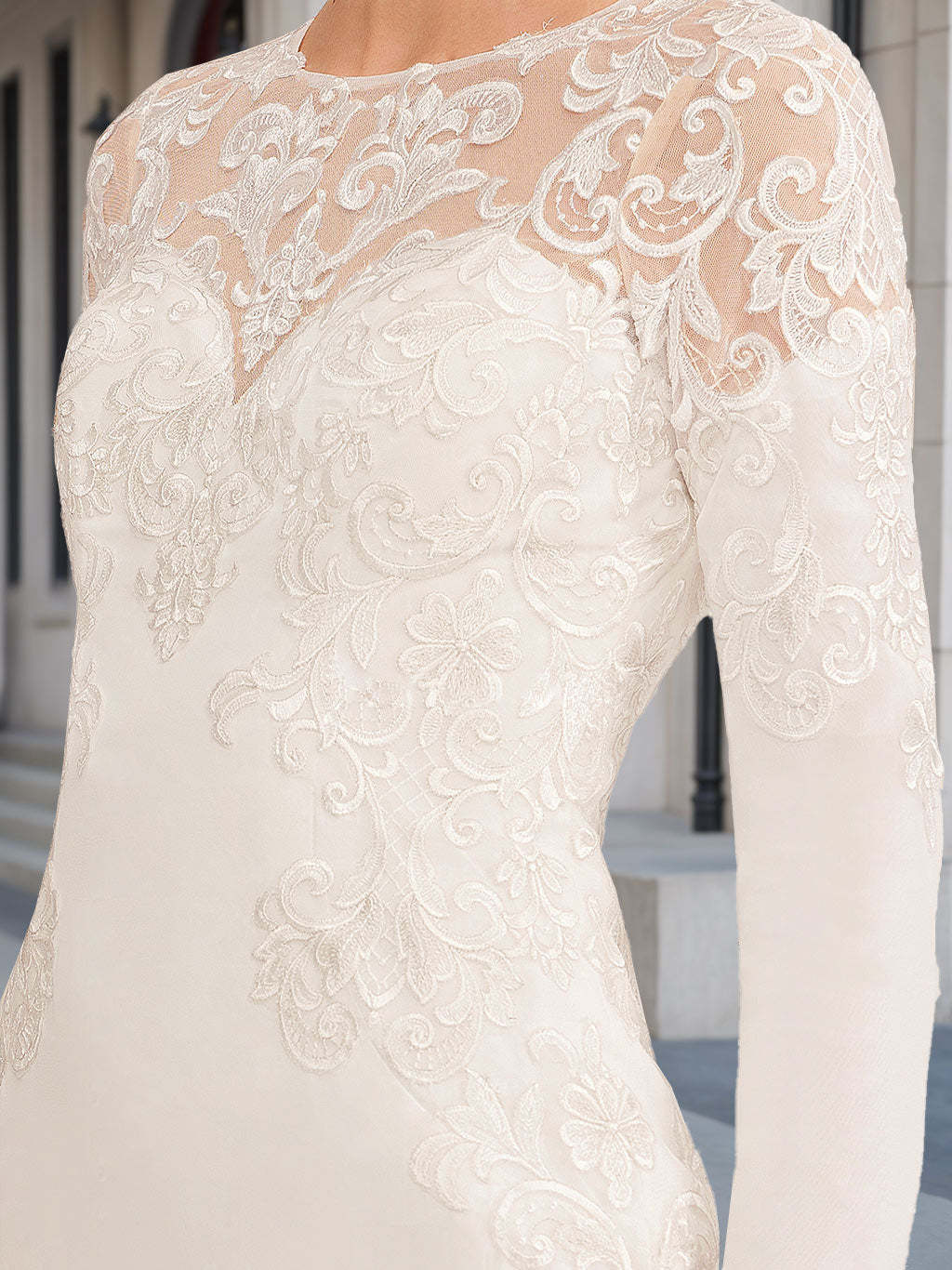 Princess A-Line Floor-length Wedding Dress with Scoop Neck and Long Sleeves, Featuring Appliques