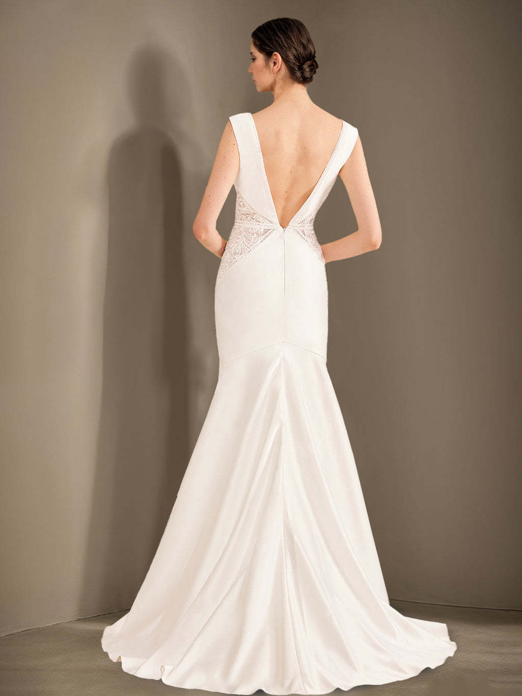 Princess A-Line Floor-Length Long Sleeveless Wedding Dress with Deep V-Neck and Lace