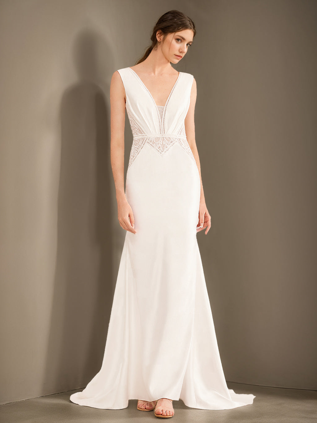 Princess A-Line Floor-Length Long Sleeveless Wedding Dress with Deep V-Neck and Lace