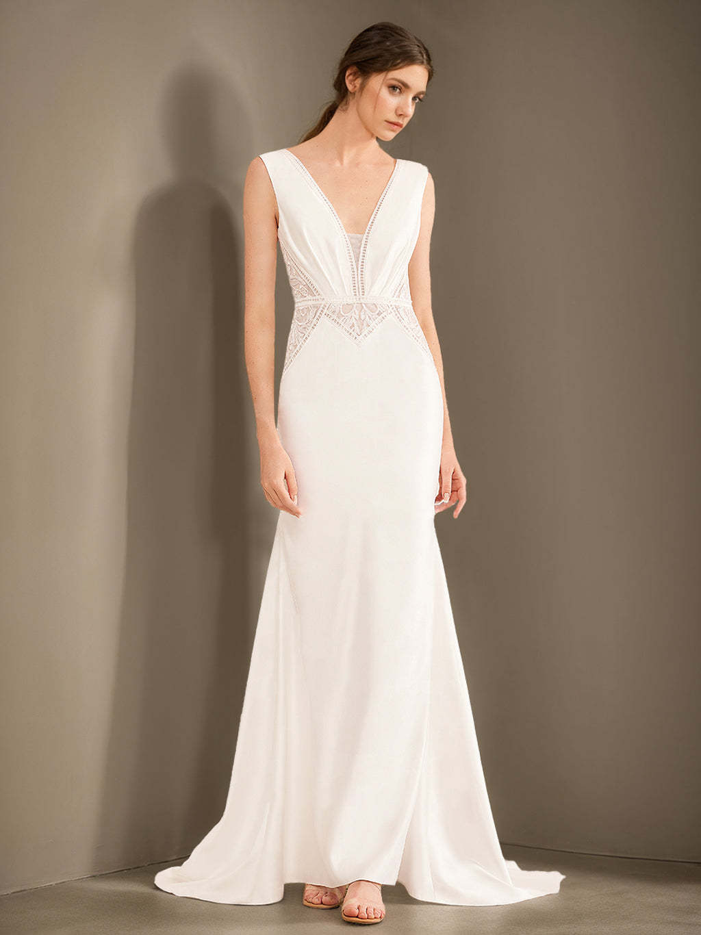 Princess A-Line Floor-Length Long Sleeveless Wedding Dress with Deep V-Neck and Lace