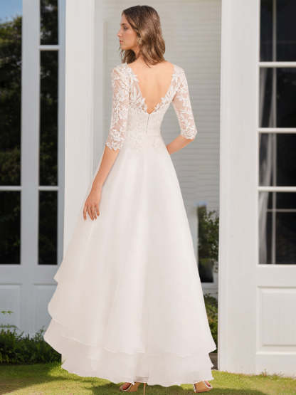 V-Neck A-Line Princess Wedding Dress with Half Sleeves and Asymmetrical Appliques