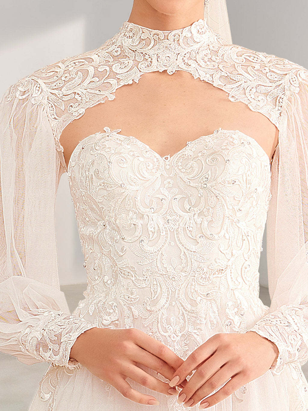 Princess A-Line Floor-Length Wedding Dress with Halter Neck, Long Sleeves, Lace & Appliques