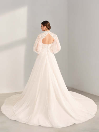 Princess A-Line Floor-Length Wedding Dress with Halter Neck, Long Sleeves, Lace & Appliques