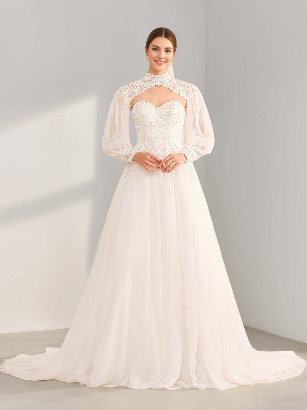 Princess A-Line Floor-Length Wedding Dress with Halter Neck, Long Sleeves, Lace & Appliques