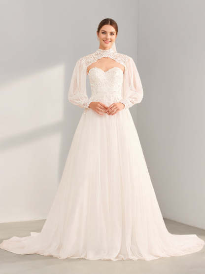 Princess A-Line Floor-Length Wedding Dress with Halter Neck, Long Sleeves, Lace & Appliques
