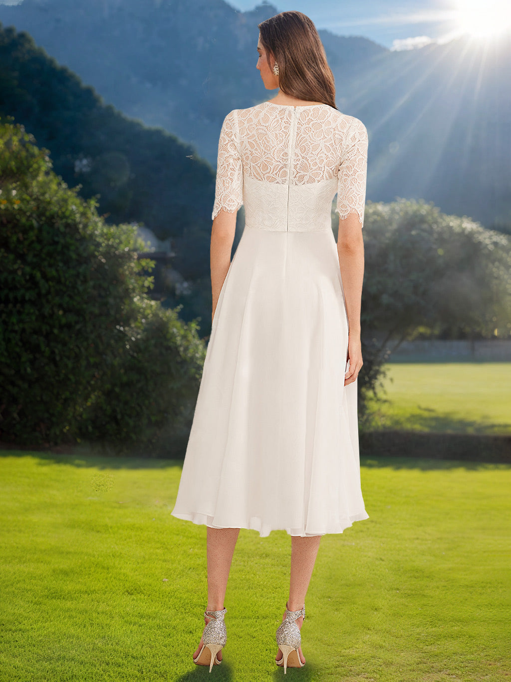 Knee-length Lace Wedding Dress with Scoop Neckline, A-Line/Princess Cut, Half Sleeves, Appliques, and Ruffles-BMbridal.UK