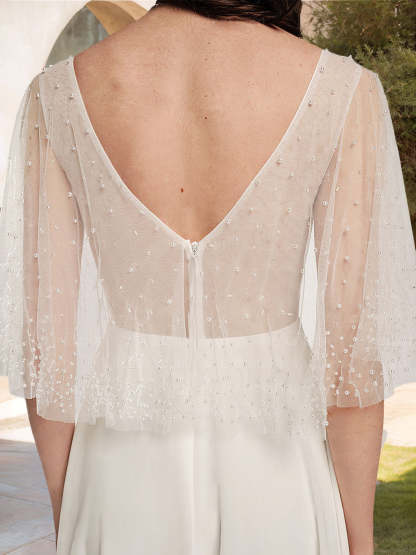 Princess A-Line V-Neck Floor-Length Lace Wedding Dress with Short Sleeves and Wrap