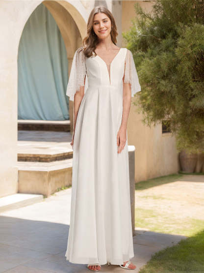 Princess A-Line V-Neck Floor-Length Lace Wedding Dress with Short Sleeves and Wrap