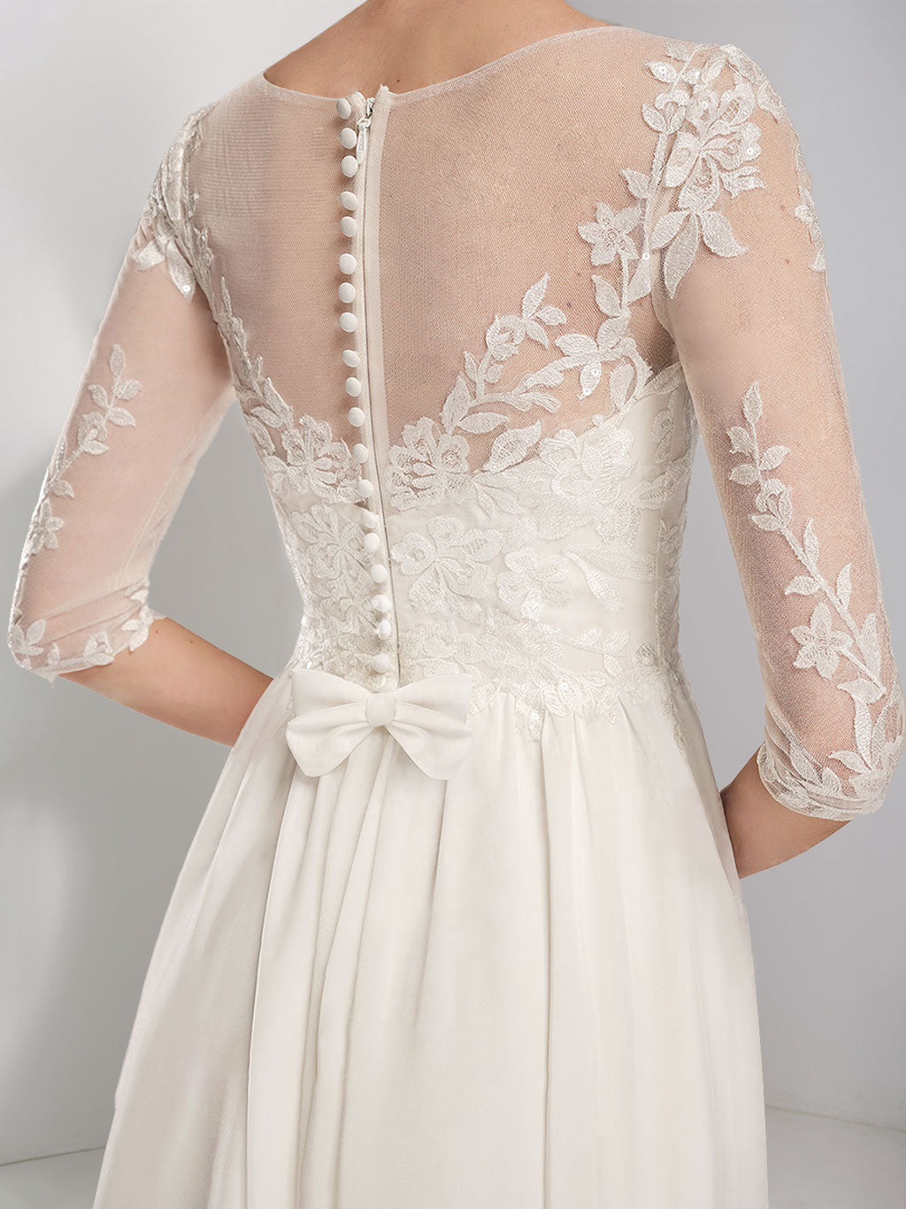 Princess A-line floor-length lace wedding dress with scoop neck and half sleeves, featuring appliques-BMbridal.UK