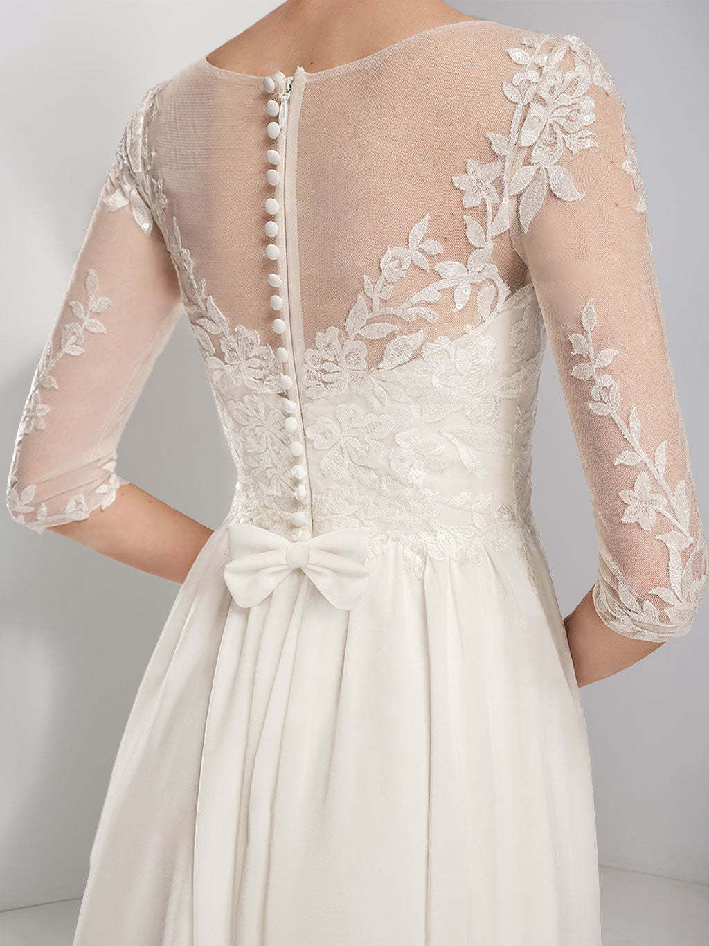 Princess A-line floor-length lace wedding dress with scoop neck and half sleeves, featuring appliques-BMbridal.UK