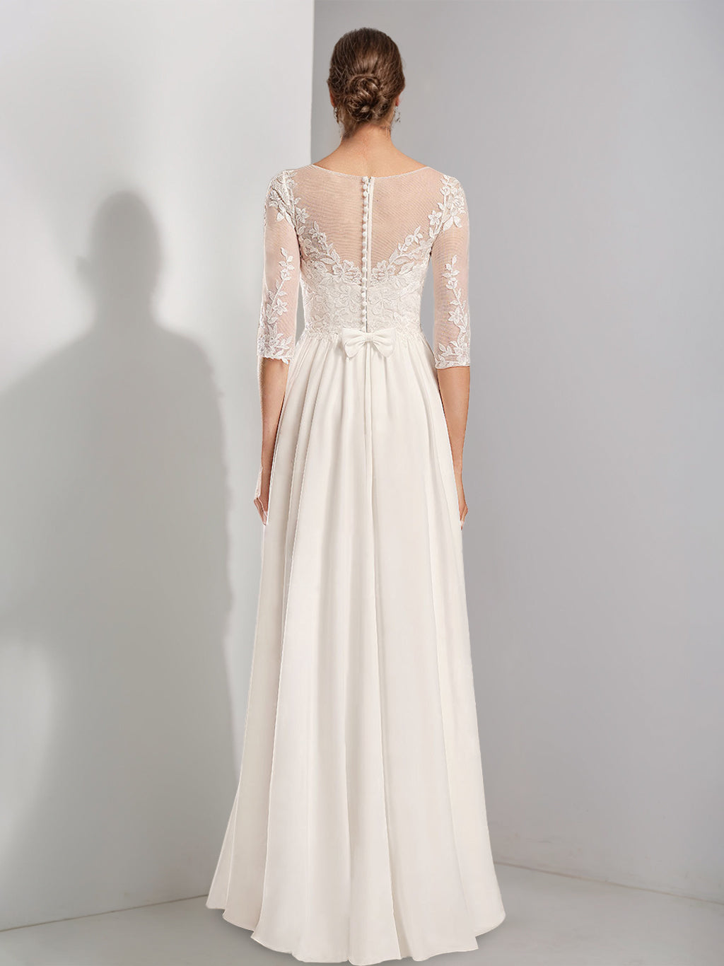 Princess A-line floor-length lace wedding dress with scoop neck and half sleeves, featuring appliques-BMbridal.UK