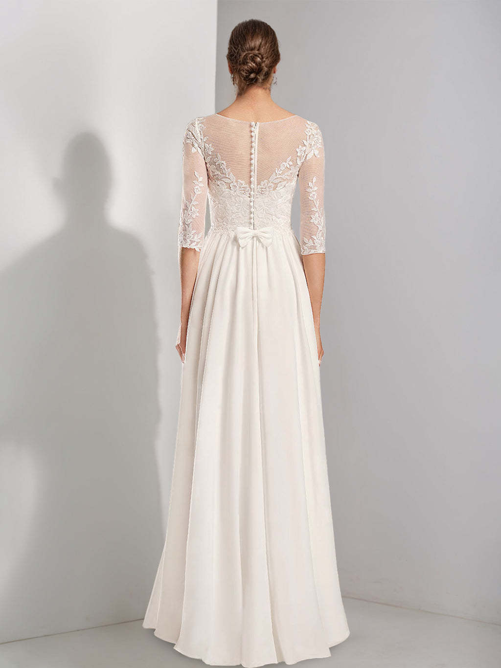 Princess A-line floor-length lace wedding dress with scoop neck and half sleeves, featuring appliques-BMbridal.UK
