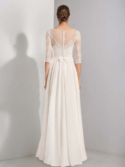Princess A-line floor-length lace wedding dress with scoop neck and half sleeves, featuring appliques-BMbridal.UK