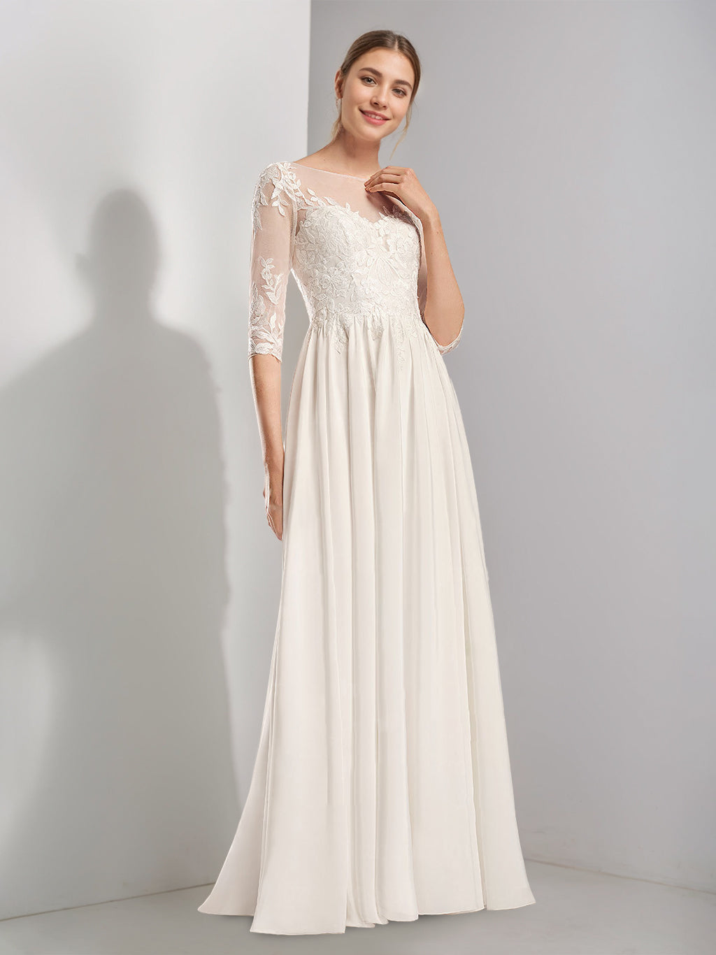 Princess A-line floor-length lace wedding dress with scoop neck and half sleeves, featuring appliques-BMbridal.UK