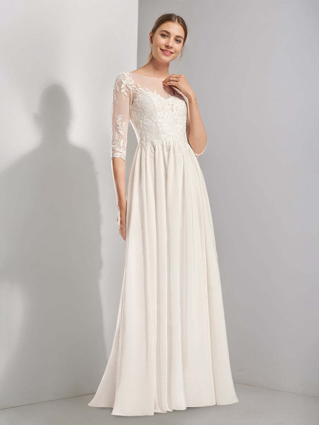 Princess A-line floor-length lace wedding dress with scoop neck and half sleeves, featuring appliques-BMbridal.UK