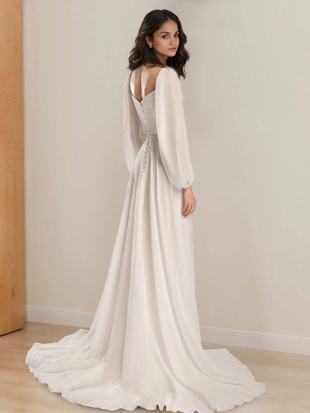 V-Neck A-Line Princess Wedding Gown with Long Sleeves and Floor-Length Skirt
