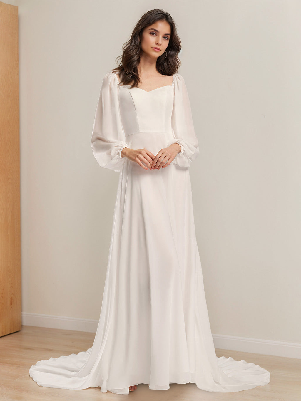V-Neck A-Line Princess Wedding Gown with Long Sleeves and Floor-Length Skirt