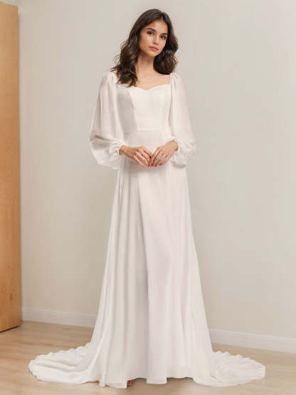 V-Neck A-Line Princess Wedding Gown with Long Sleeves and Floor-Length Skirt