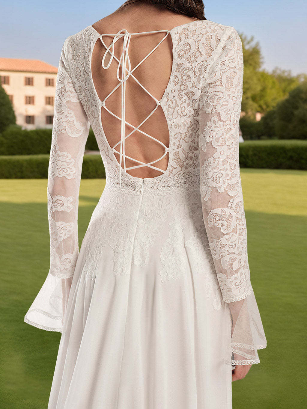 Floor-Length A-Line Princess Wedding Dress with Deep V-Neck, Long Sleeves, and Lace Appliques