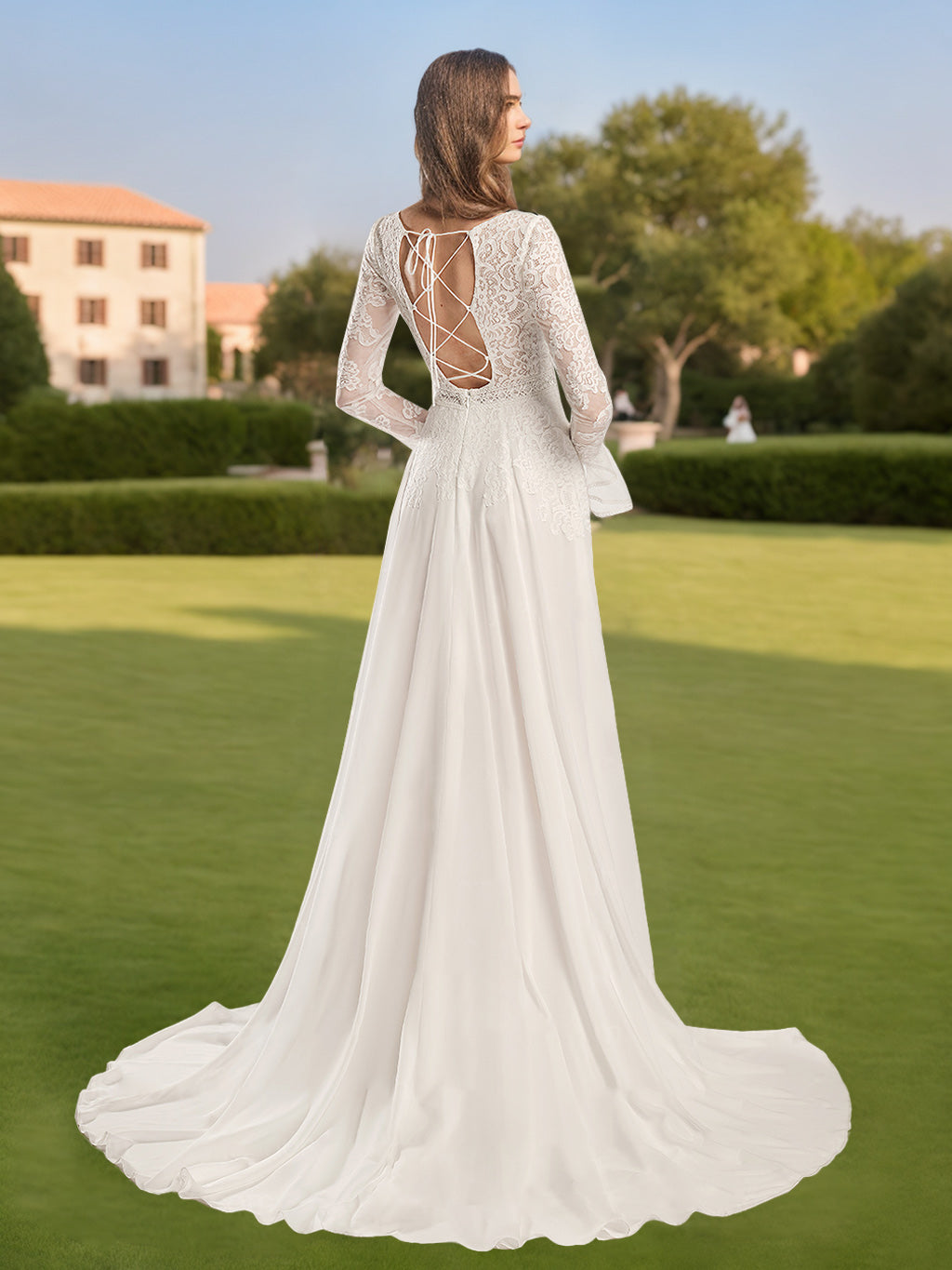 Floor-Length A-Line Princess Wedding Dress with Deep V-Neck, Long Sleeves, and Lace Appliques