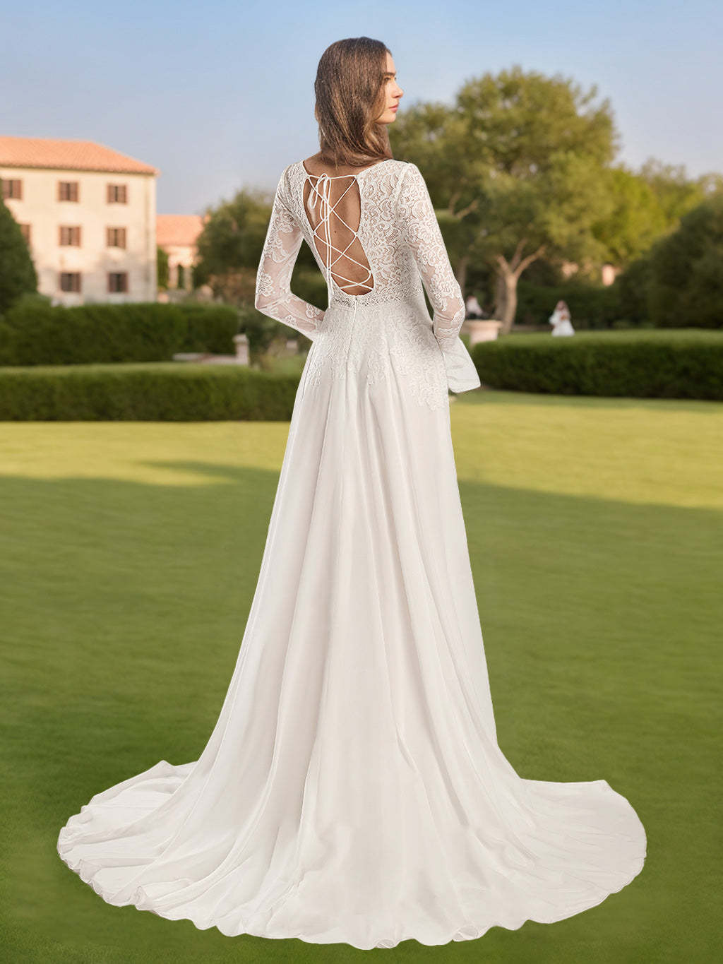 Floor-Length A-Line Princess Wedding Dress with Deep V-Neck, Long Sleeves, and Lace Appliques