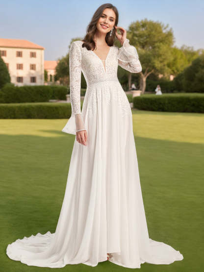 Floor-Length A-Line Princess Wedding Dress with Deep V-Neck, Long Sleeves, and Lace Appliques