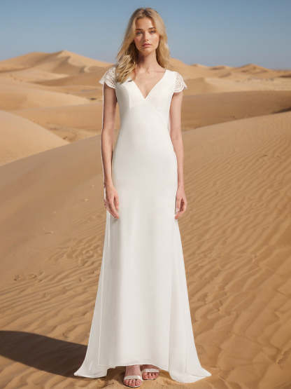 V-Neck A-Line Princess Wedding Gown with Short Sleeves