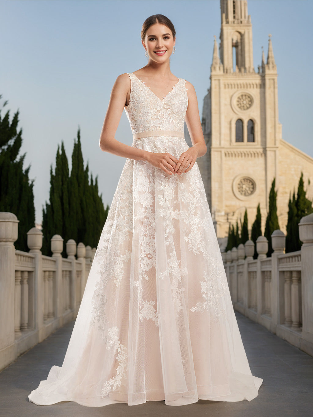 Sleeveless Floor-Length A-Line Wedding Dress with V-Neck and Appliques