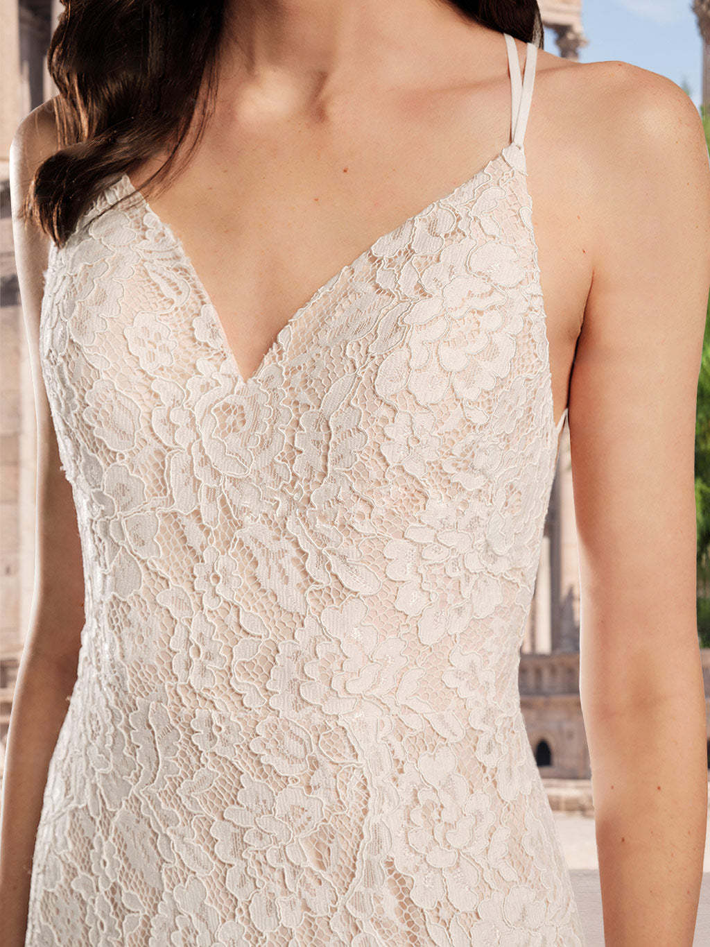 Spaghetti Strap V-Neck A-Line Princess Wedding Gown with Lace Appliques