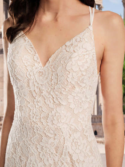 Spaghetti Strap V-Neck A-Line Princess Wedding Gown with Lace Appliques