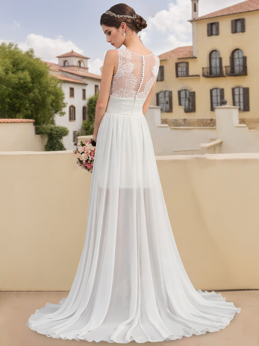 Asymmetrical Scoop Neck A-Line Wedding Dress with Lace Appliques, Sleeveless Princess Silhouette