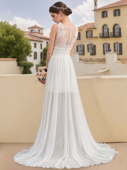 Asymmetrical Scoop Neck A-Line Wedding Dress with Lace Appliques, Sleeveless Princess Silhouette