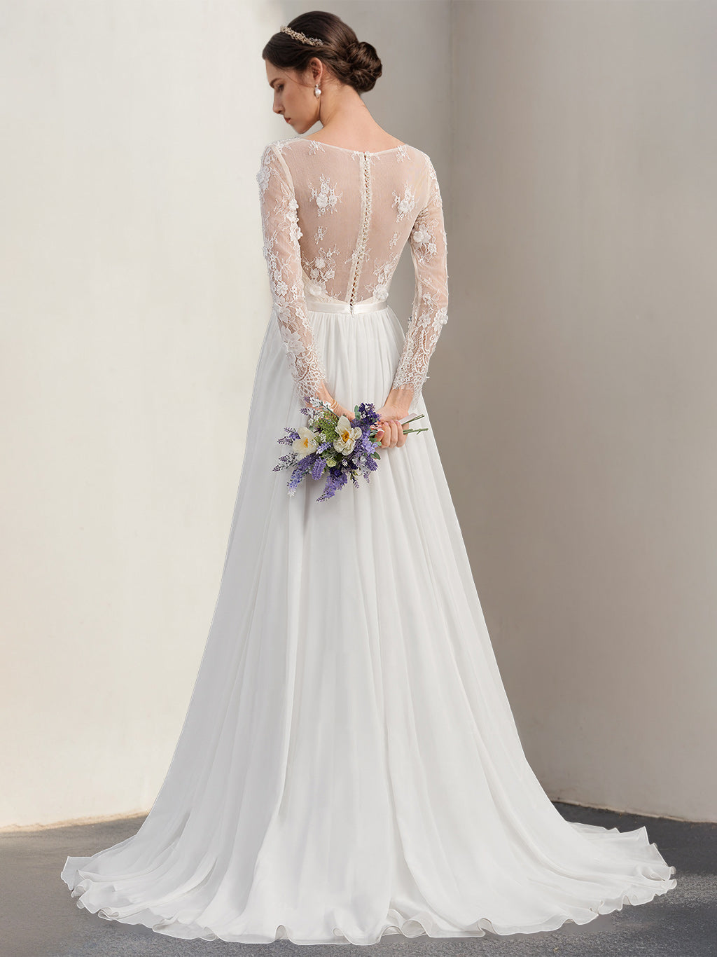 Unique Floor-Length A-Line Wedding Dress with Deep V-Neck, Long Sleeves, and Lace Appliques