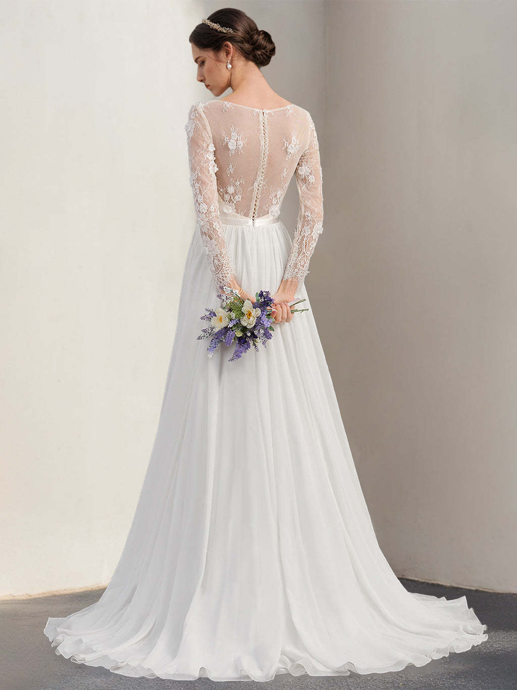 Unique Floor-Length A-Line Wedding Dress with Deep V-Neck, Long Sleeves, and Lace Appliques