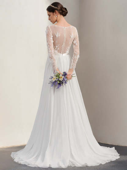 Unique Floor-Length A-Line Wedding Dress with Deep V-Neck, Long Sleeves, and Lace Appliques