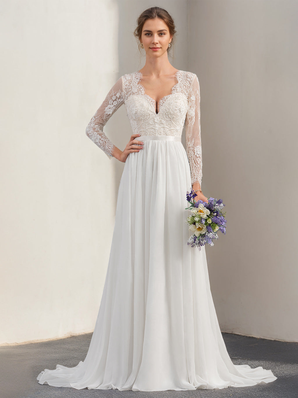 Unique Floor-Length A-Line Wedding Dress with Deep V-Neck, Long Sleeves, and Lace Appliques