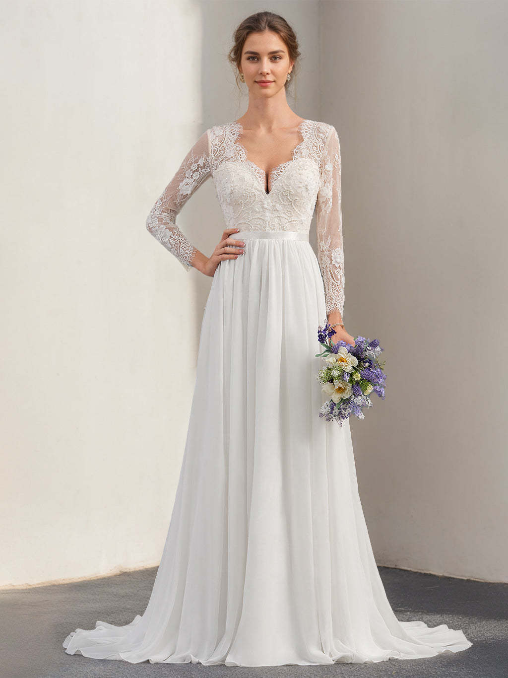 Unique Floor-Length A-Line Wedding Dress with Deep V-Neck, Long Sleeves, and Lace Appliques