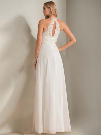 Floor-Length Sleeveless A-Line Wedding Dress with Lace Appliques and Princess Halter Neck